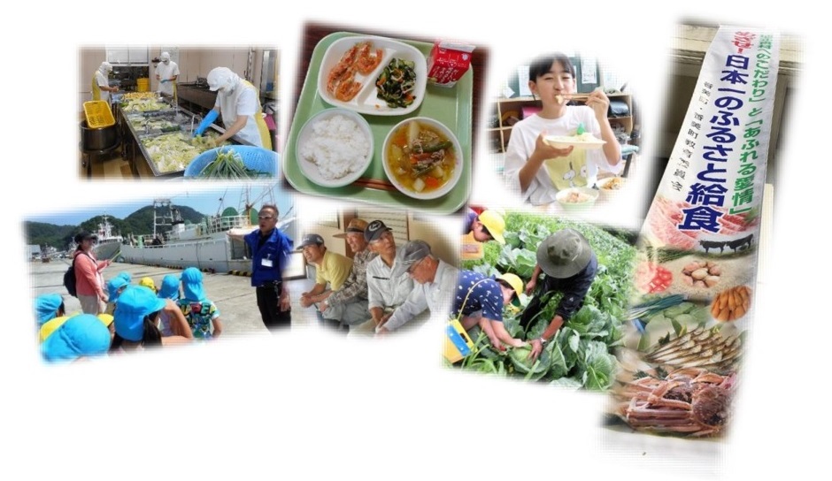 給食調理員が作業している様子の写真や給食の写真7枚が一律されている写真