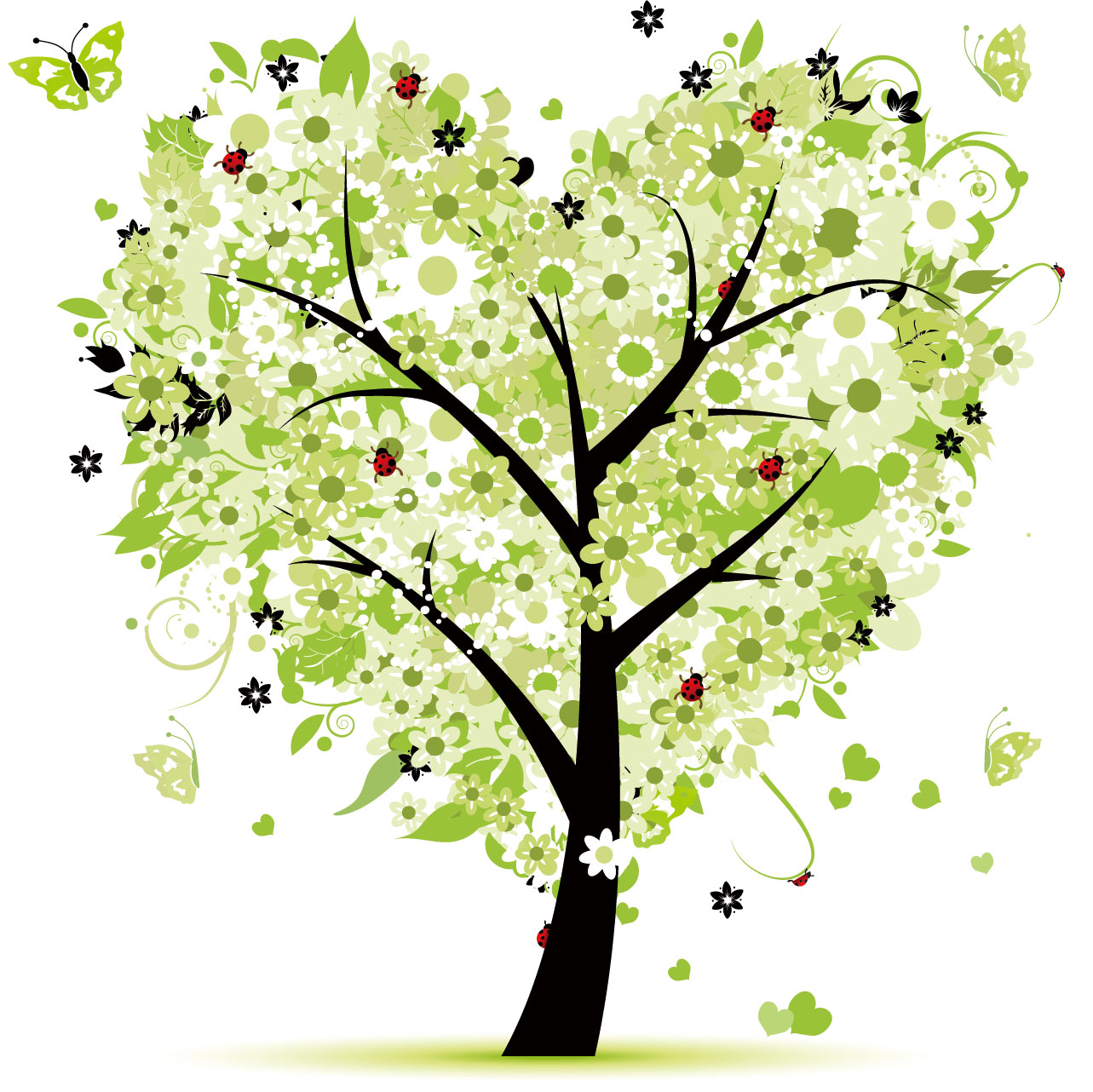 薄い緑色の葉や花をつけたハート形の木に蝶やてんとう虫などが集まっているイラスト