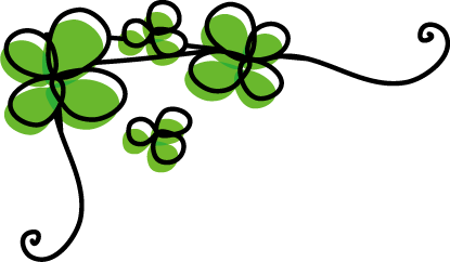 かぎ括弧の始端のような形に茎が曲がっている、三つ葉と四つ葉の葉がついたつる草のイラスト