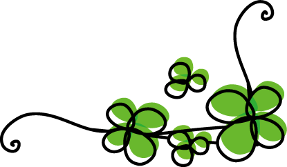 かぎ括弧の終端のような形に茎が曲がっている、三つ葉と四つ葉の葉がついたつる草のイラスト