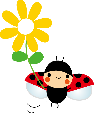 黄色の花の咲いた茎を持って飛んでいるてんとう虫のキャラクターのイラスト