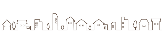 住宅やビルディング、木々のシルエットが黒い線で示されたイラスト