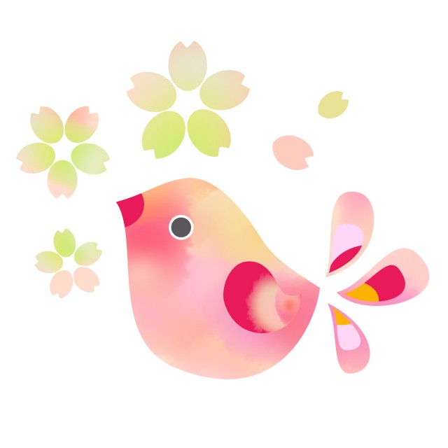 桜の花と桃色の鳥のイラスト