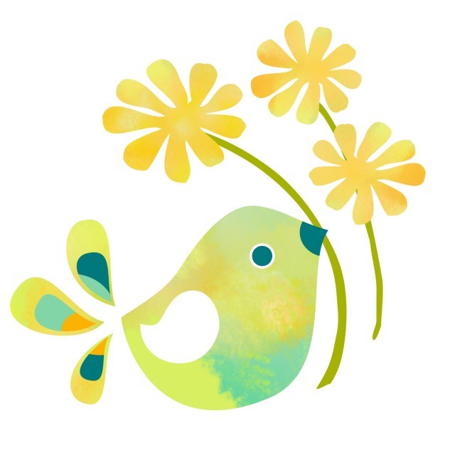 黄色の花の茎をくわえている緑色の鳥のイラスト