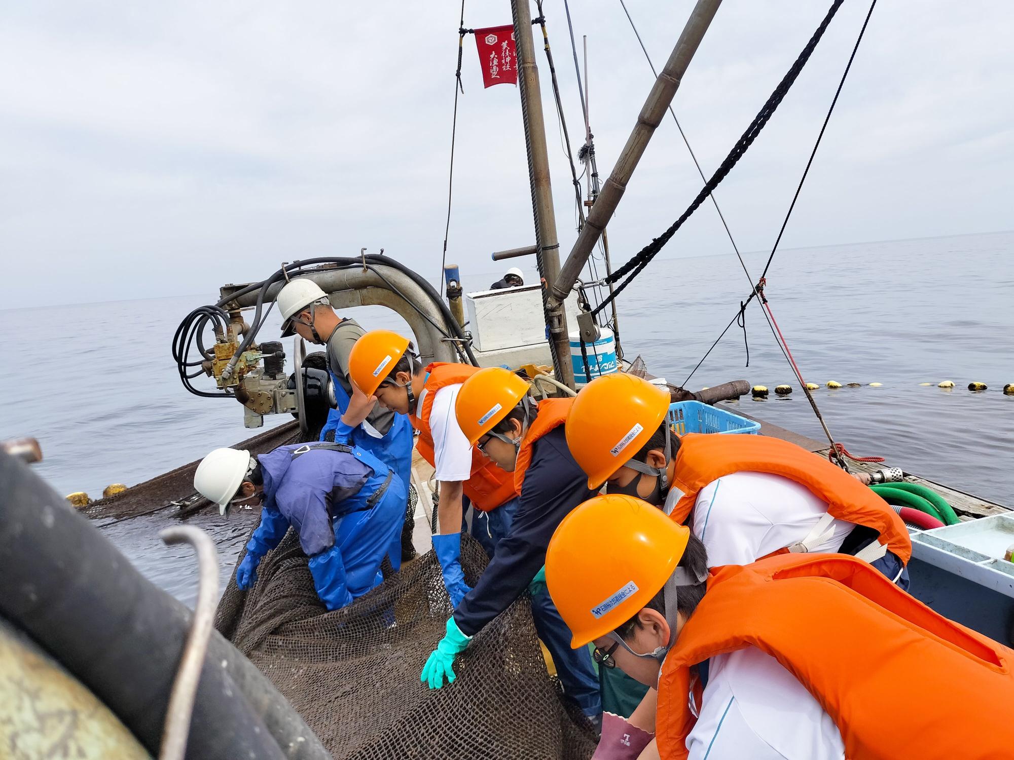 ヘルメットをかぶり、網を引いている中学生の写真