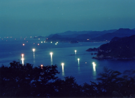 海面が点々と光る夜の海の写真