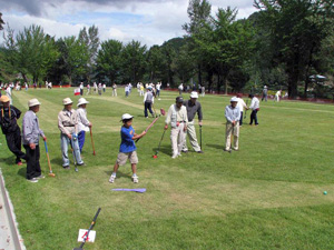 芝生のグラウンドで多くの人がゴルフをしている写真