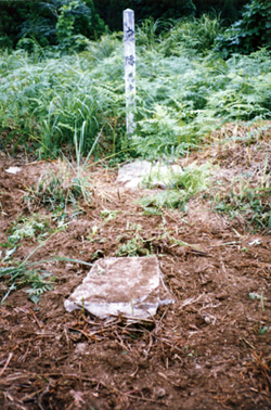 草の生えた土に置かれた石の奥に棒状の石碑が立っている写真
