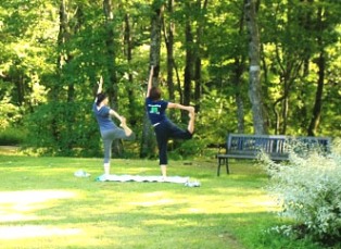 森林の広場でヨガをしている人の写真