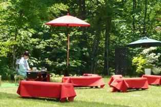 森林の広場に置かれた赤い布がかぶせられた長椅子の写真