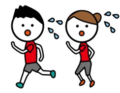 上下が赤とグレーのランニングウェアを着て汗を流しながら走っている男女のイラスト