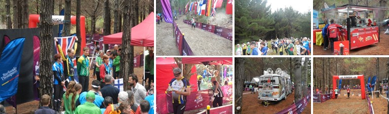 森の中のイベント会場に集まる外国人たちの写真と様々な国旗が飾られたコースの写真とテント先で手に持ったものに目を落とす男性の写真と広場に集まった大勢の人たちの写真とスピーカーの付いた車の写真と赤色の露店の写真と森の中の赤いゴールをくぐるランナーの写真の7枚が並んでいる写真