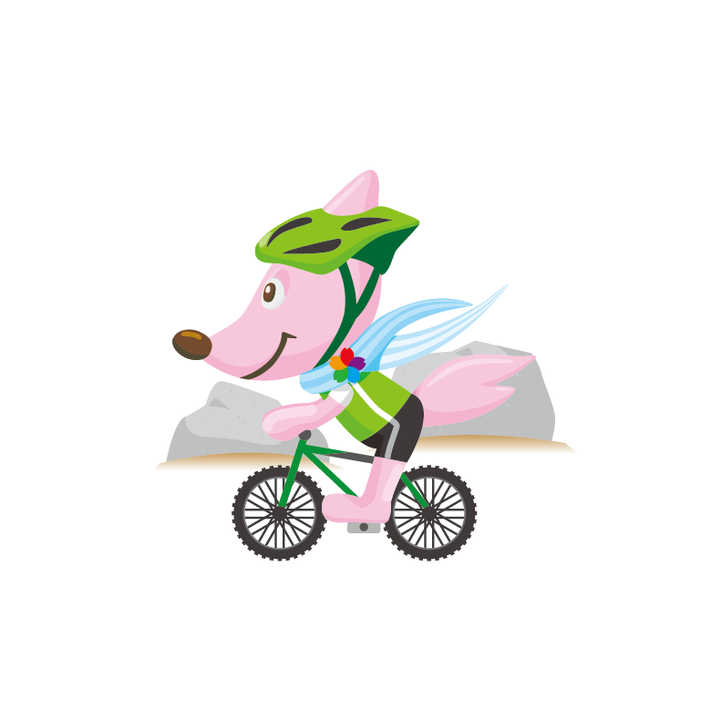 ピンク色のキツネが緑色のヘルメットを被って自転車に乗っているイラスト