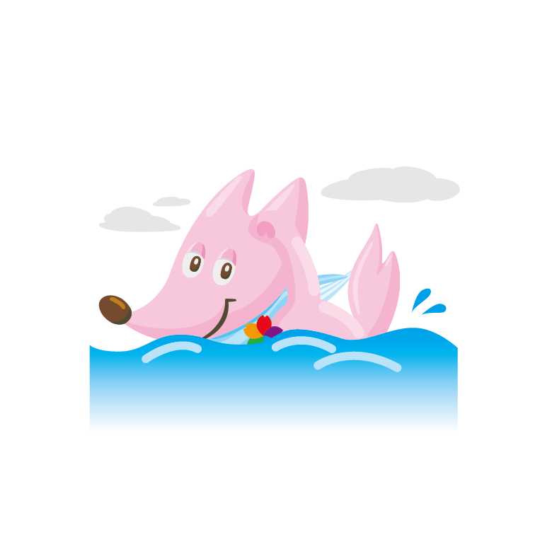 ピンク色のキツネが水面を泳いでいるイラスト