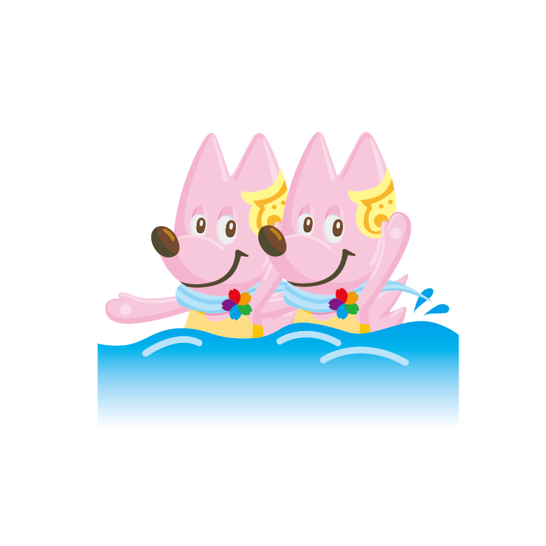 2匹のピンク色のキツネが並んで泳いでいるイラスト