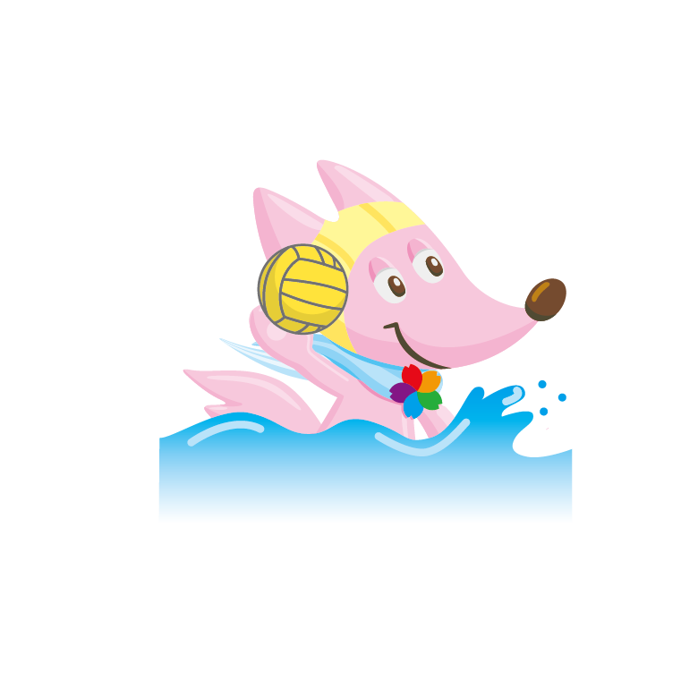 ピンク色のキツネが水面からボールを投げようとしているイラスト