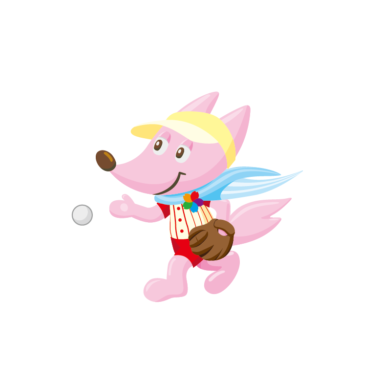 グローブを着けたピンク色のキツネがボールを投げているイラスト