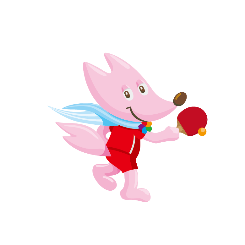 卓球のラケットを持ったピンク色のキツネのイラスト