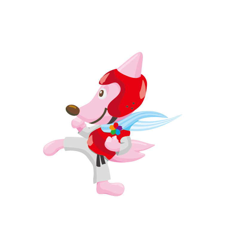 防具を付けたピンク色のキツネが蹴りを放っているイラスト