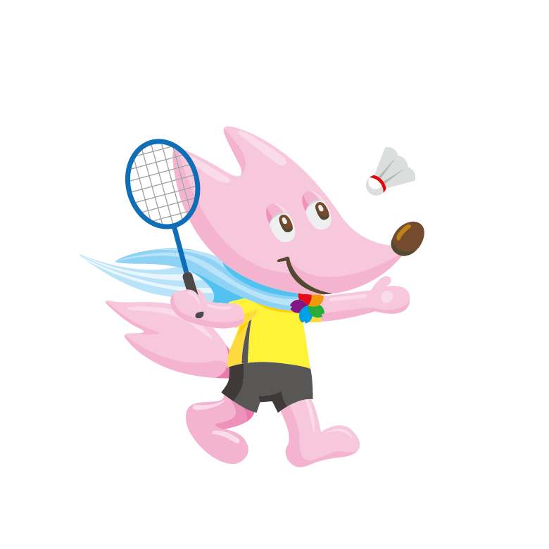 ピンク色のキツネがバトミントンの羽を打とうとしているイラスト