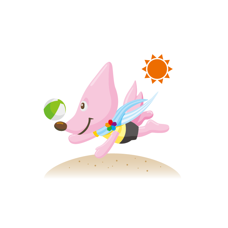 ピンク色のキツネがボールに飛びかかっているイラスト