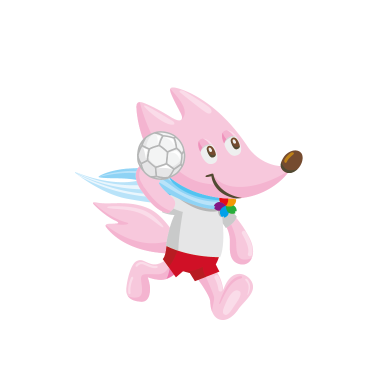 ピンク色のキツネが白いボールを掲げているイラスト