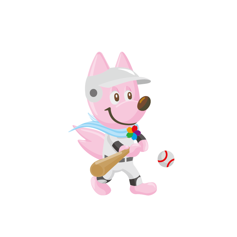 ピンク色のキツネがバットでボールを打っているイラスト