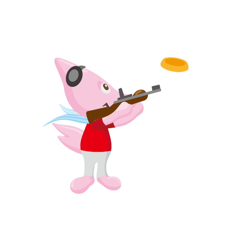 ピンク色のキツネが銃でクレーを狙っているイラスト