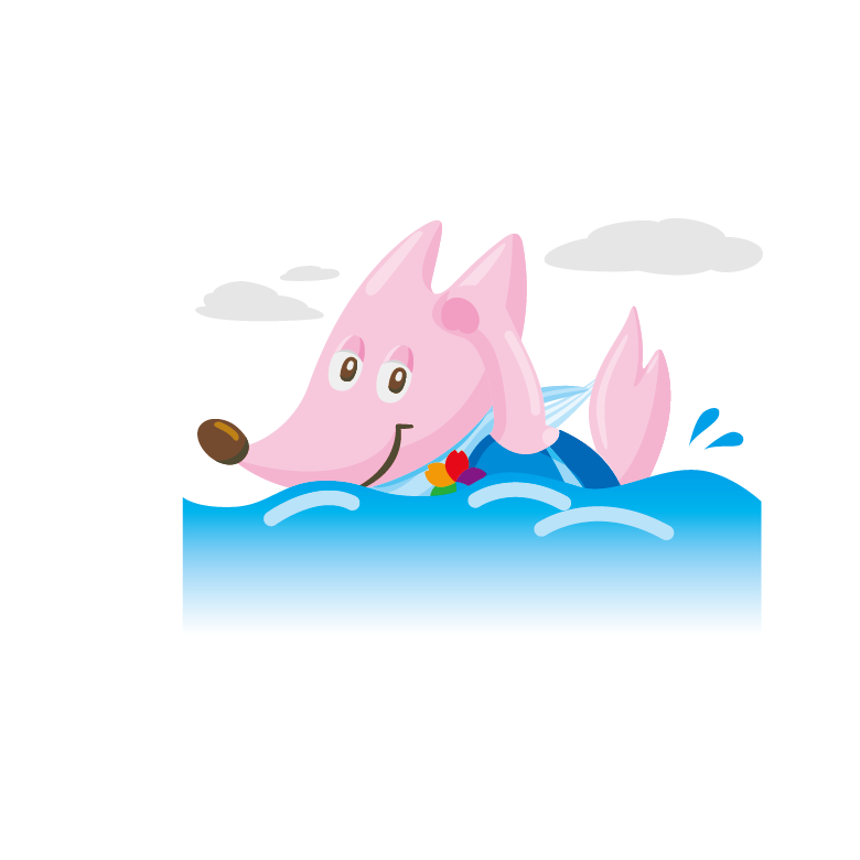 ピンク色のキツネが笑顔で泳いでいるイラスト