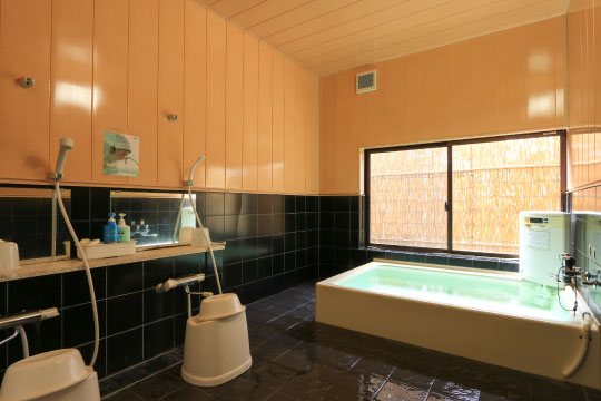 シャンプーなどが並べられた洗面台と浴室がある部屋の写真