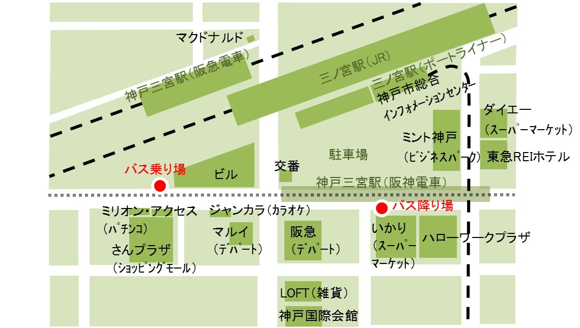 神戸三宮駅周辺のバス降り場、乗り場を赤く表示した地図