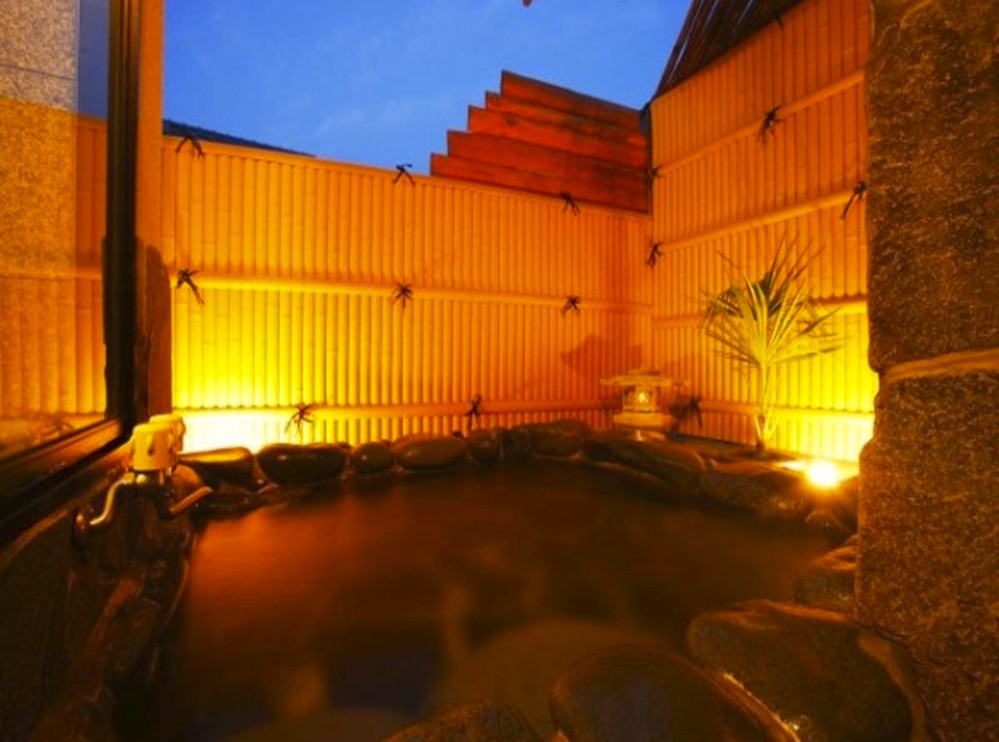 ライトアップされた露天風呂の写真