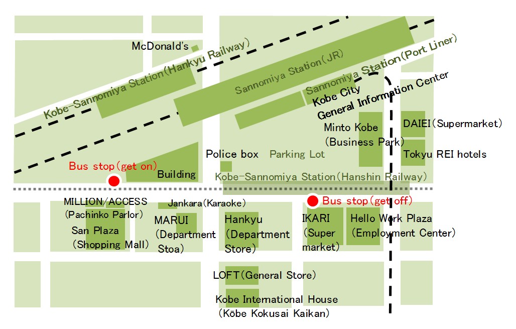 神戸三宮駅周辺のバス降り場、乗り場を赤く表示した英語地図