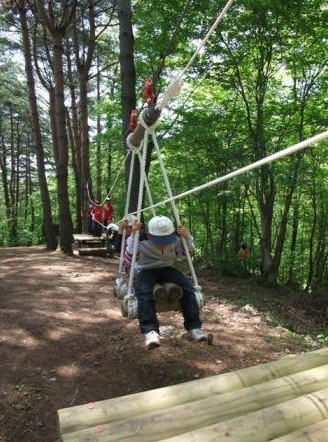 森の中のジップラインに乗る子供の写真