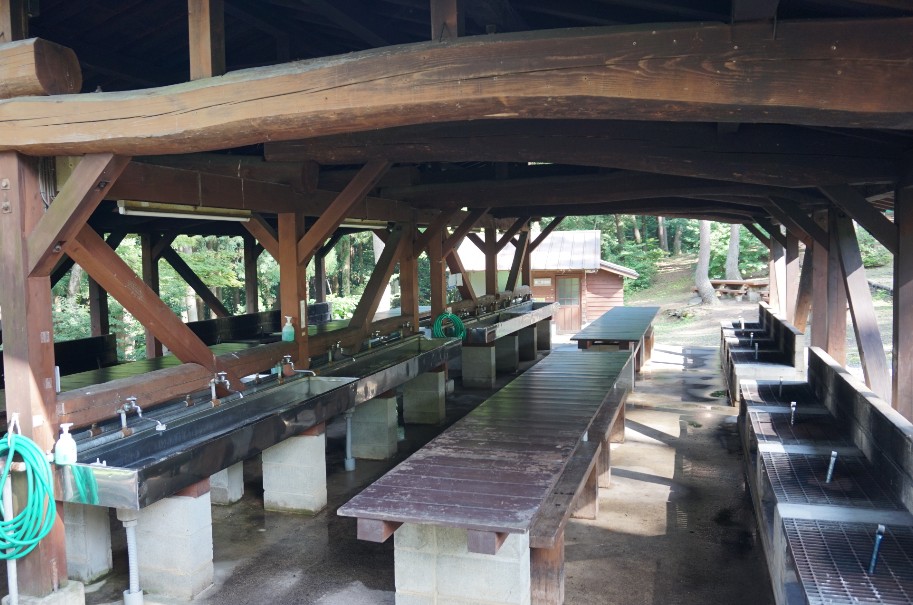 太い木の柱で作られた屋根の下に流しと作業台が置かれている写真