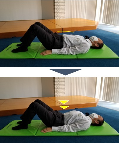 横になって足を曲げている人の写真と横になって足を曲げている人のおなかに矢印がある写真の2枚が並んでいる写真