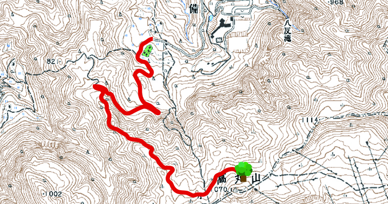 高丸山までのルートを赤い線で示した地図