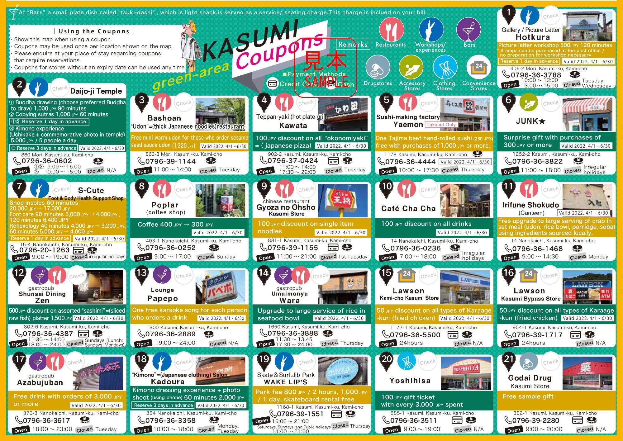 クーポンとコースの詳細を記した英語版の香住緑地（山側）ウォーキングマップ