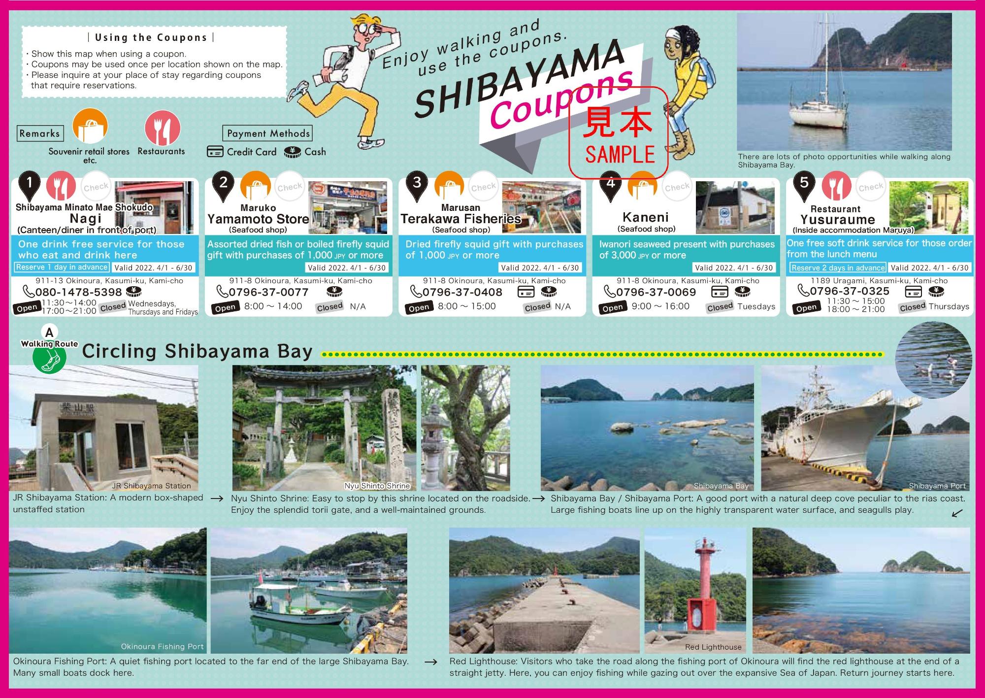 クーポンとコースの詳細を記した英語版の柴山ウォーキングマップ