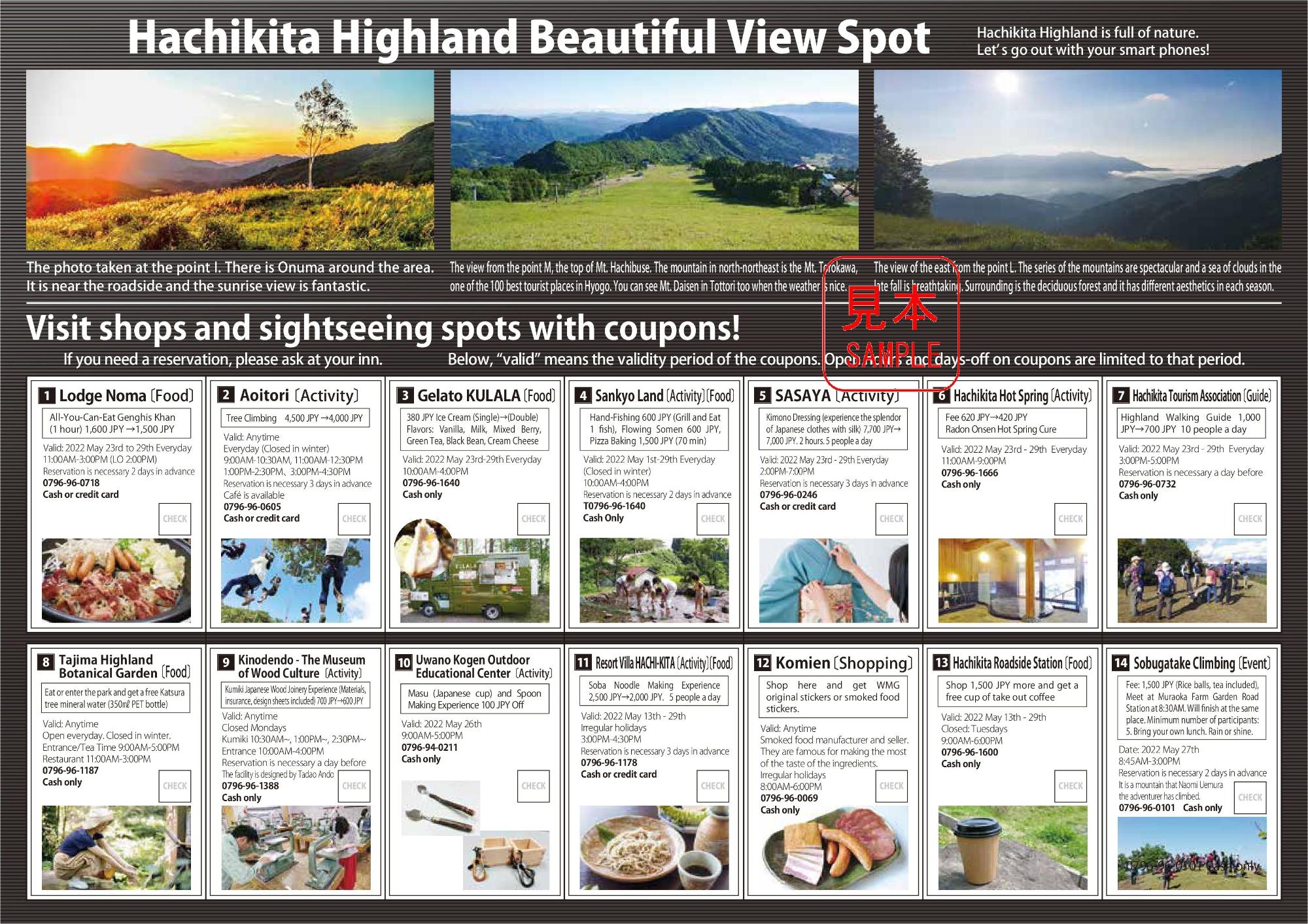 クーポンとコースの詳細を記した英語版のハチ北高原ウォーキングマップ