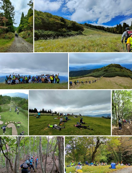 山道の写真と山の開けた草原の写真と高いところに集まって並んでいる人たちの集合写真と山の木の生えていない草原を列になって歩く登山客の写真と足跡のオブジェが置かれた山道を歩く登山客の写真と草原で横になっている人たちの写真と森の中を歩く登山客の写真と森の中の斜面を歩く登山客の写真と自然豊かな広場に腰を下ろす登山客の写真が9枚並んでいる写真