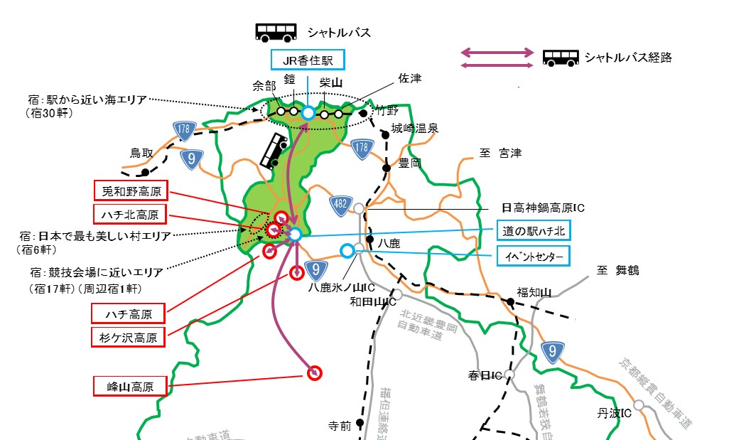 宿の場所とシャトルバスの経路を示した地図