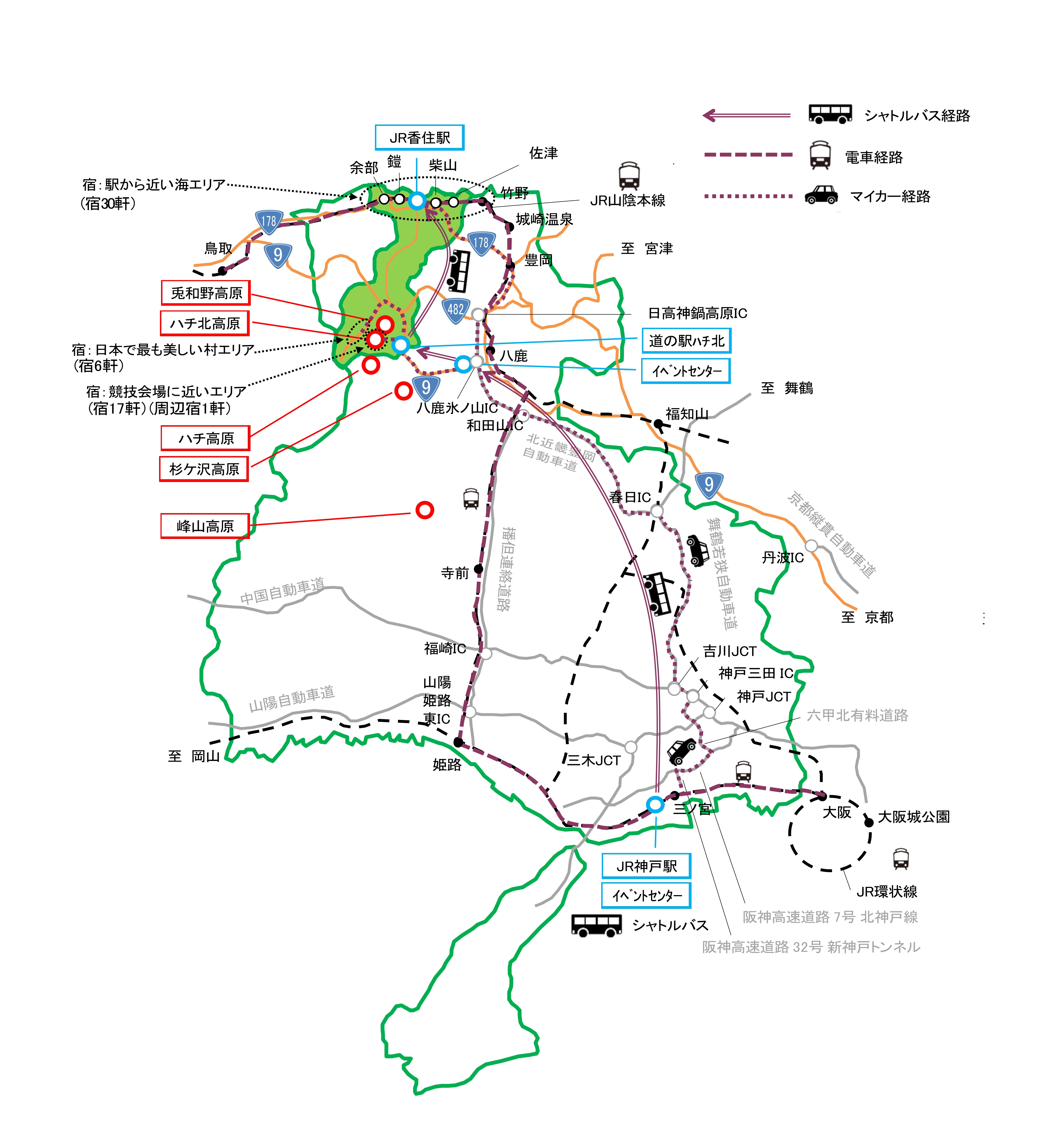 神戸市から香美町までのルートの地図