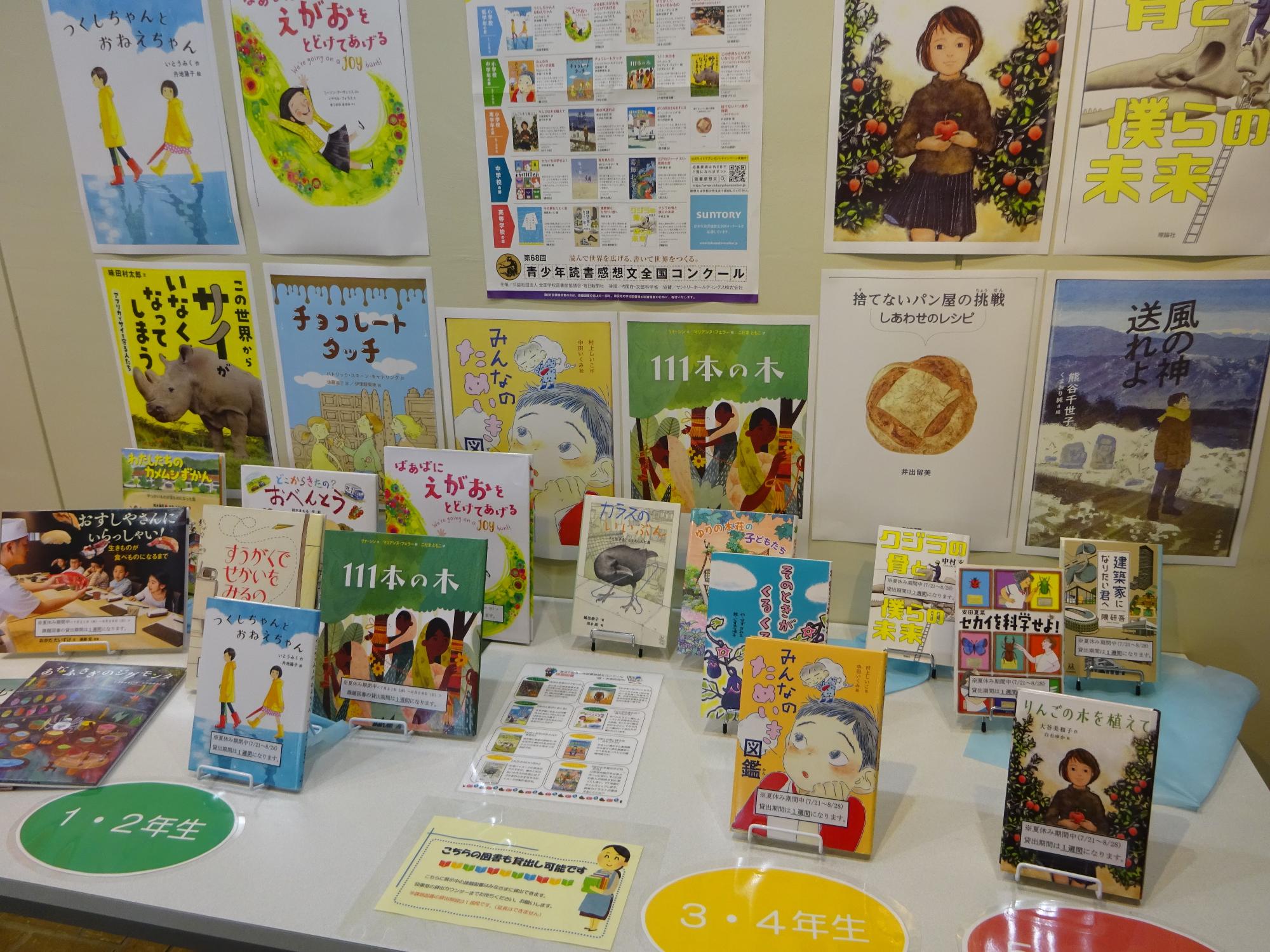 たくさんのポスターや絵本が並んだ机の写真