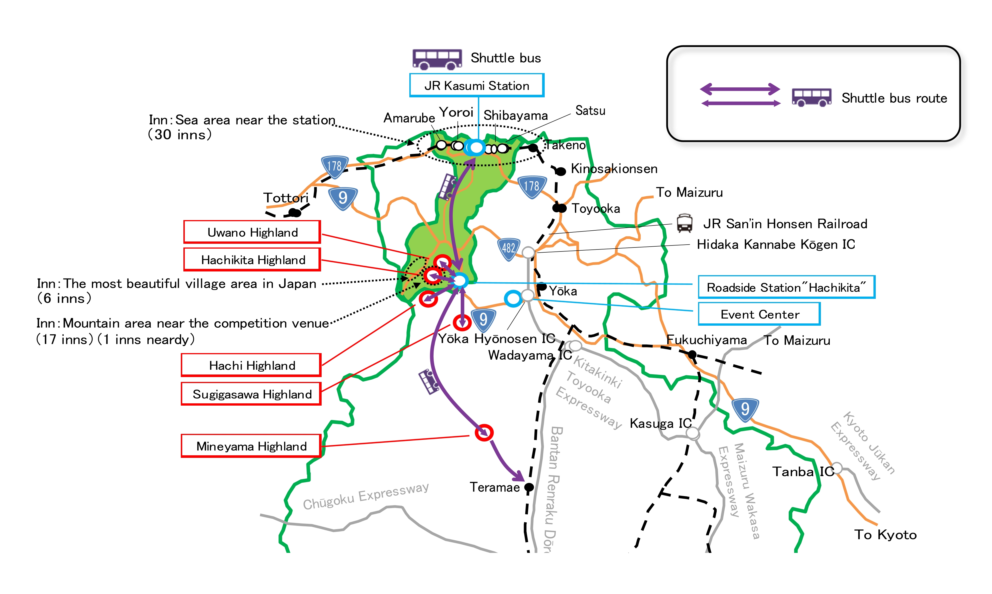 英語版WMG2027 香美町から各競技会場までのルートマップ