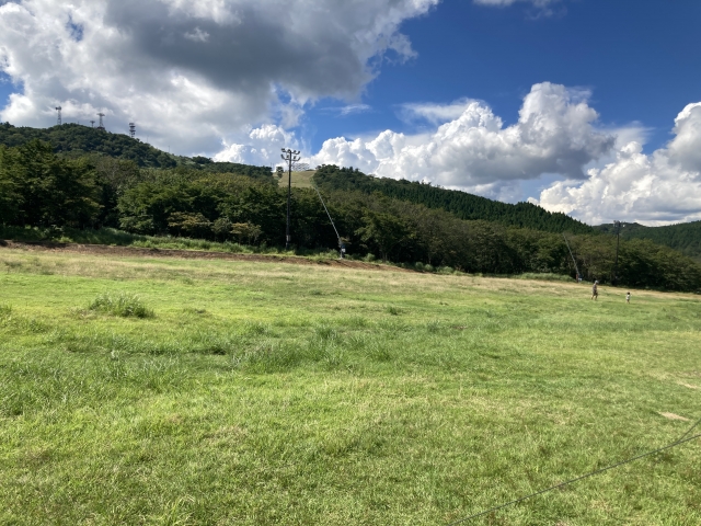 遠くまで広がる芝生の広場の写真