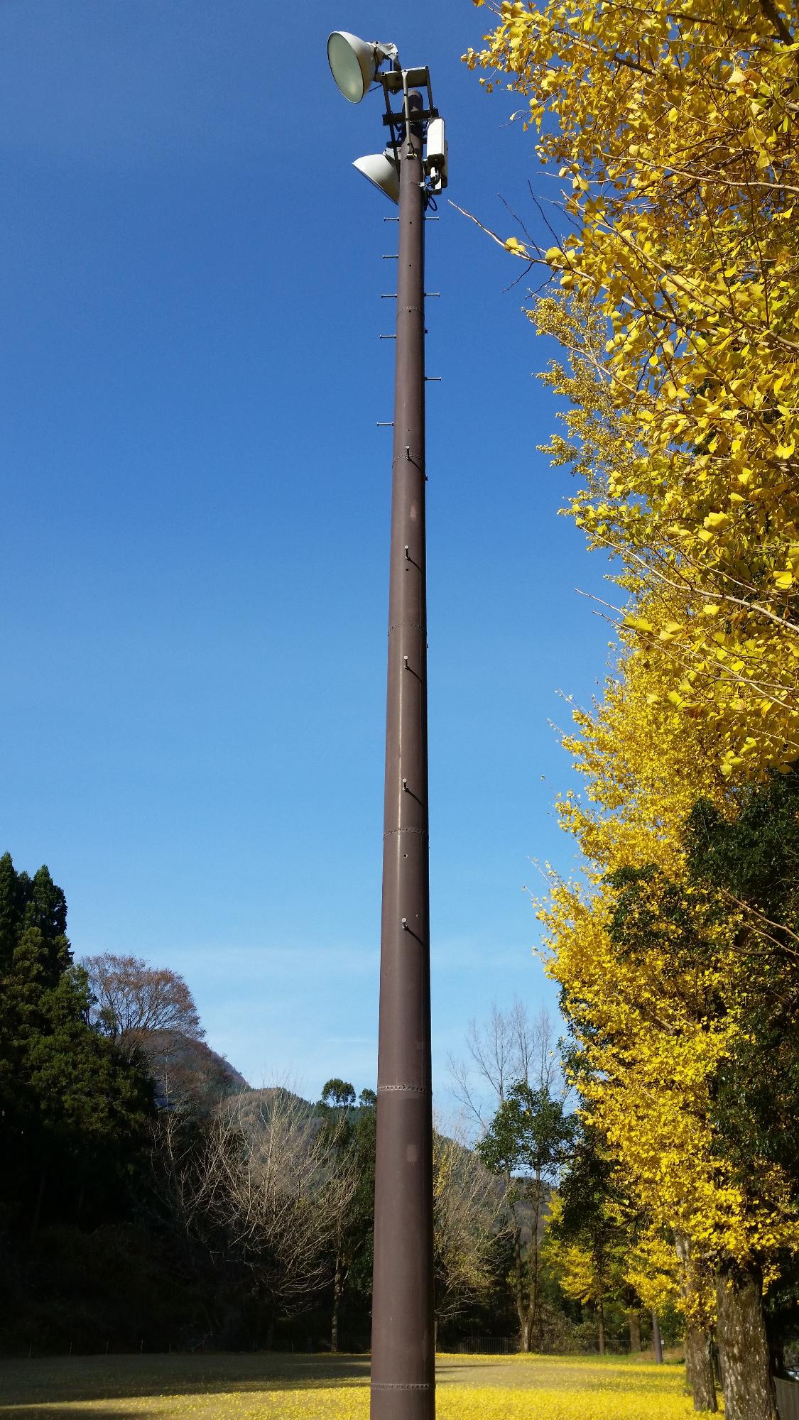 広場の前に設置された高さのある照明灯の写真