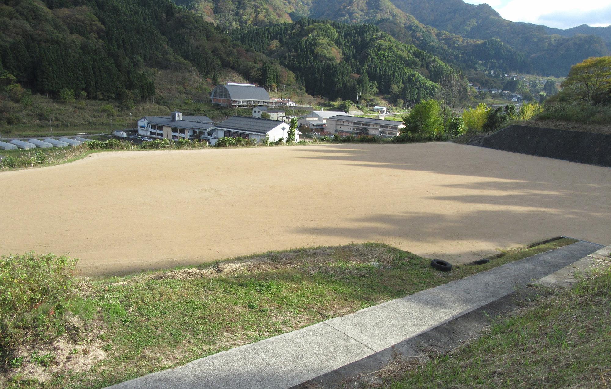 不規則な形をした広々とした土のグラウンドの写真