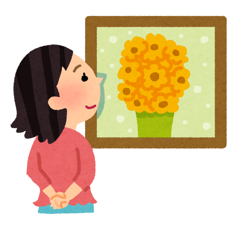 女性が黄色い花が描かれた絵画を鑑賞しているイラスト