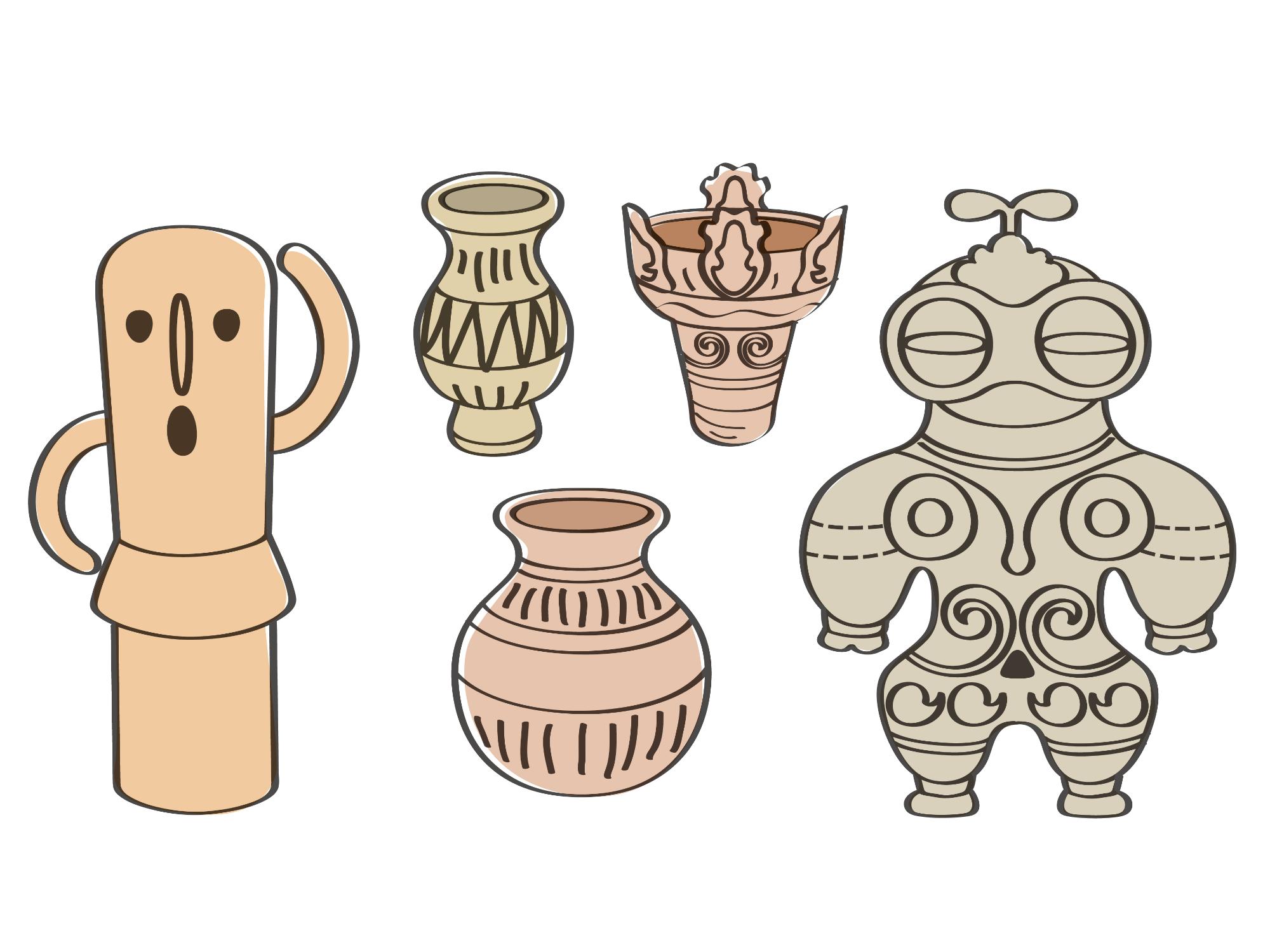 埴輪、三種類の土器、土偶が並んだイラスト